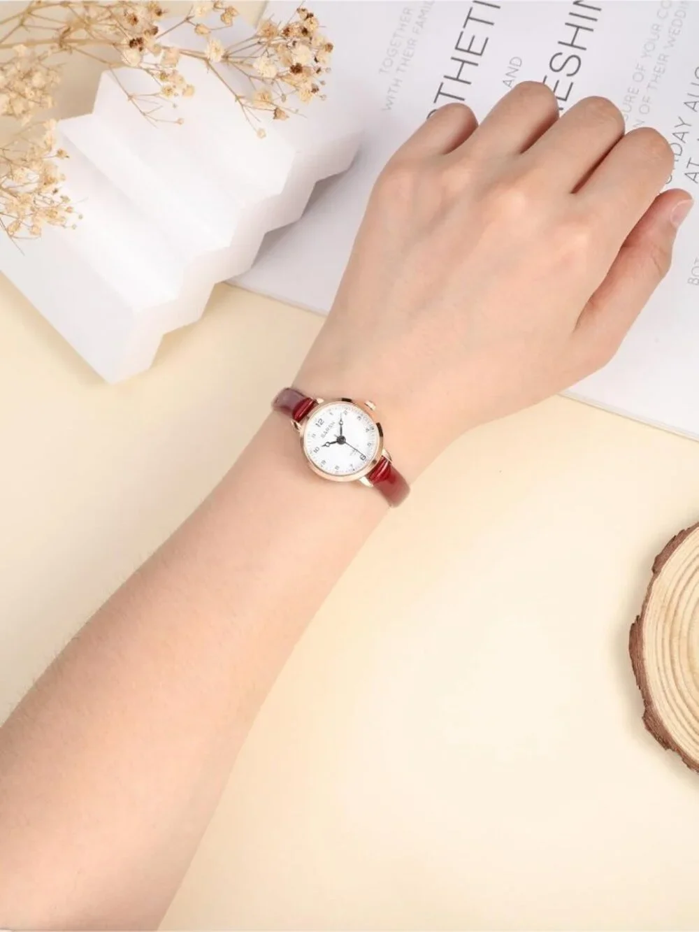 Women's Red And White Analog Quartz Classic Round Case PU Leather Wrist Watch
